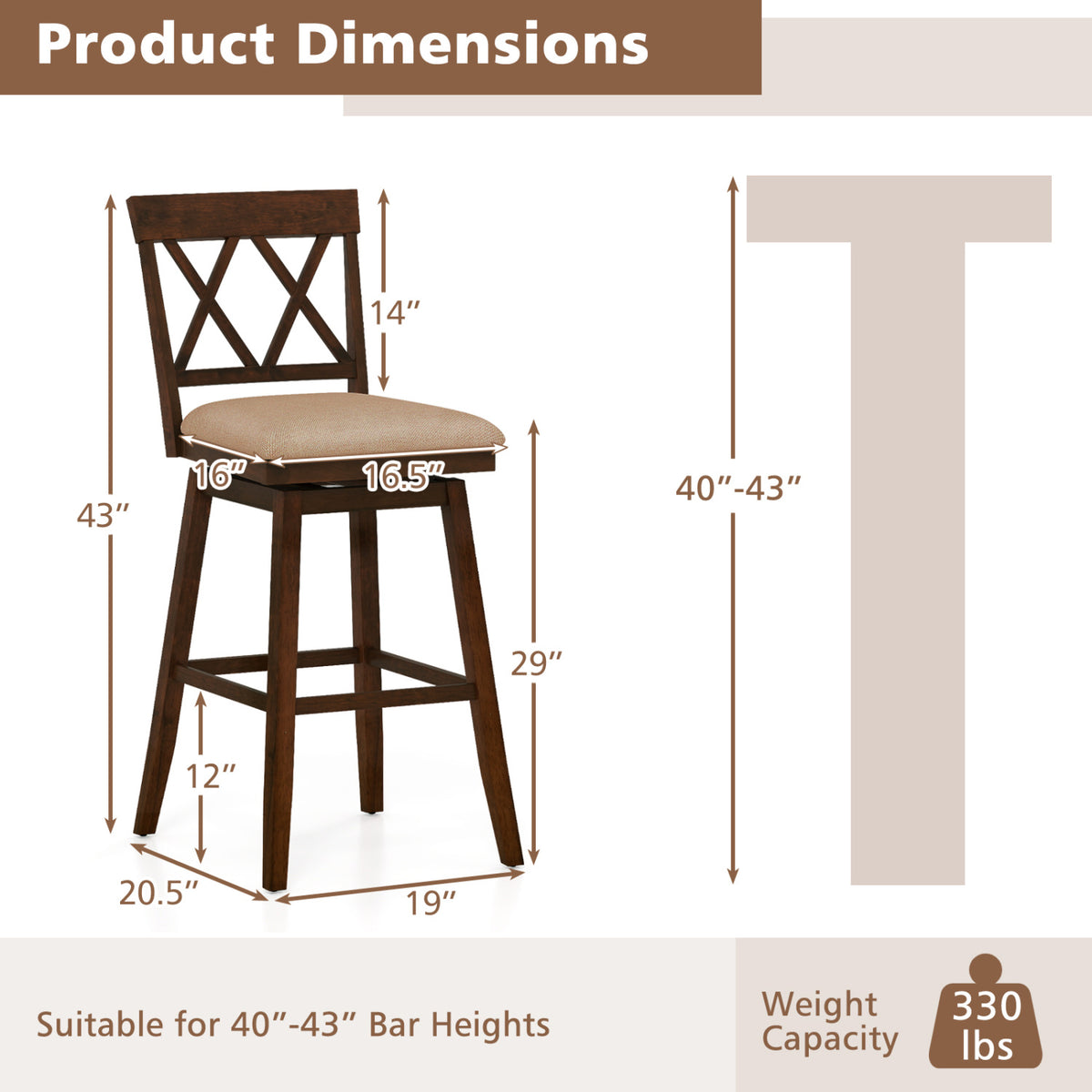 Counter Height Barstools Set of 2 with Backrest and Seat Cushion-29/Cushion-24 inches/Inches