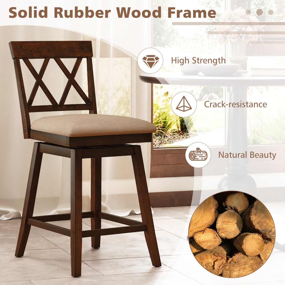 Counter Height Barstools Set of 2 with Backrest and Seat Cushion-29/Cushion-24 inches/Inches
