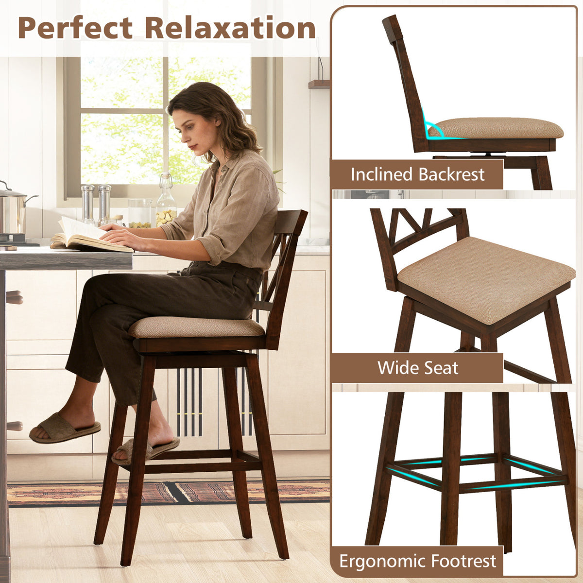 Counter Height Barstools Set of 4 with Backrest and Upholstered Seat Cushion-29/Cushion-24 inch/Inch