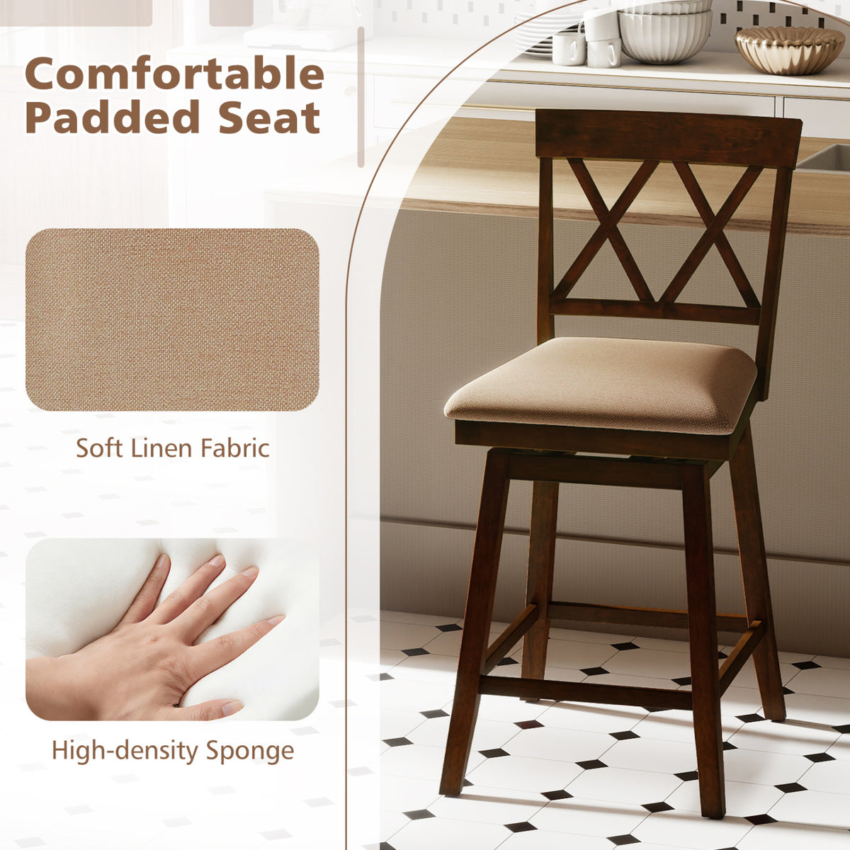 Counter Height Barstools Set of 4 with Backrest and Upholstered Seat Cushion-29/Cushion-24 inch/Inch