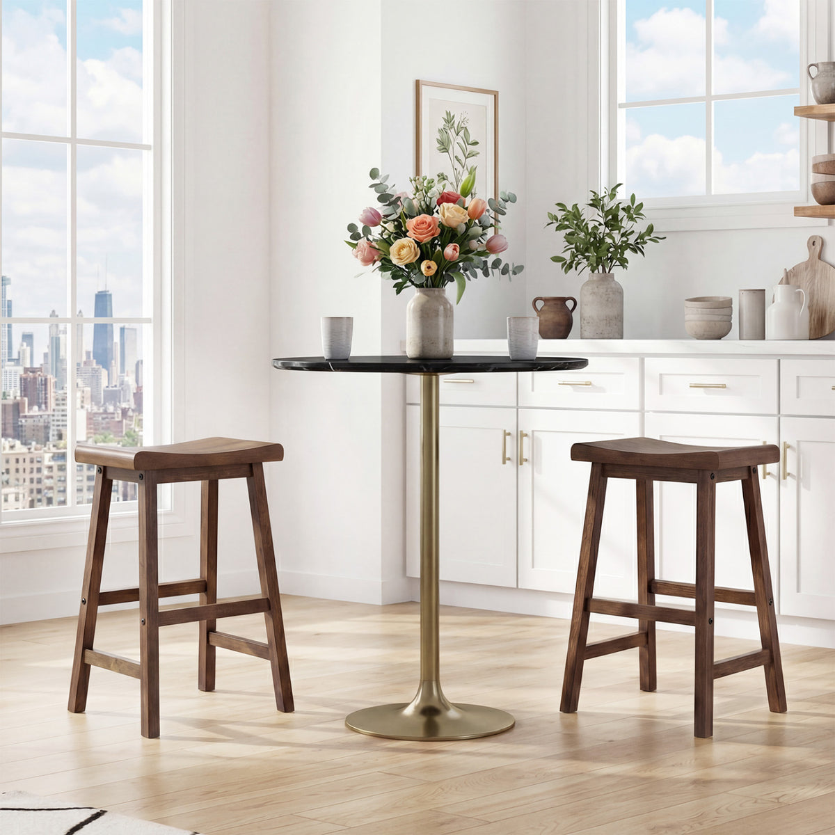 Counter Height Stools Solid Wood Saddle Bar Stools Set of 2