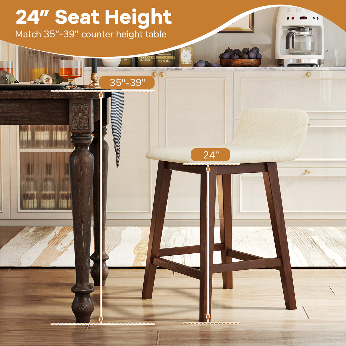 24 Inch Counter Height Bar Stools Set of 2 with Low Back
