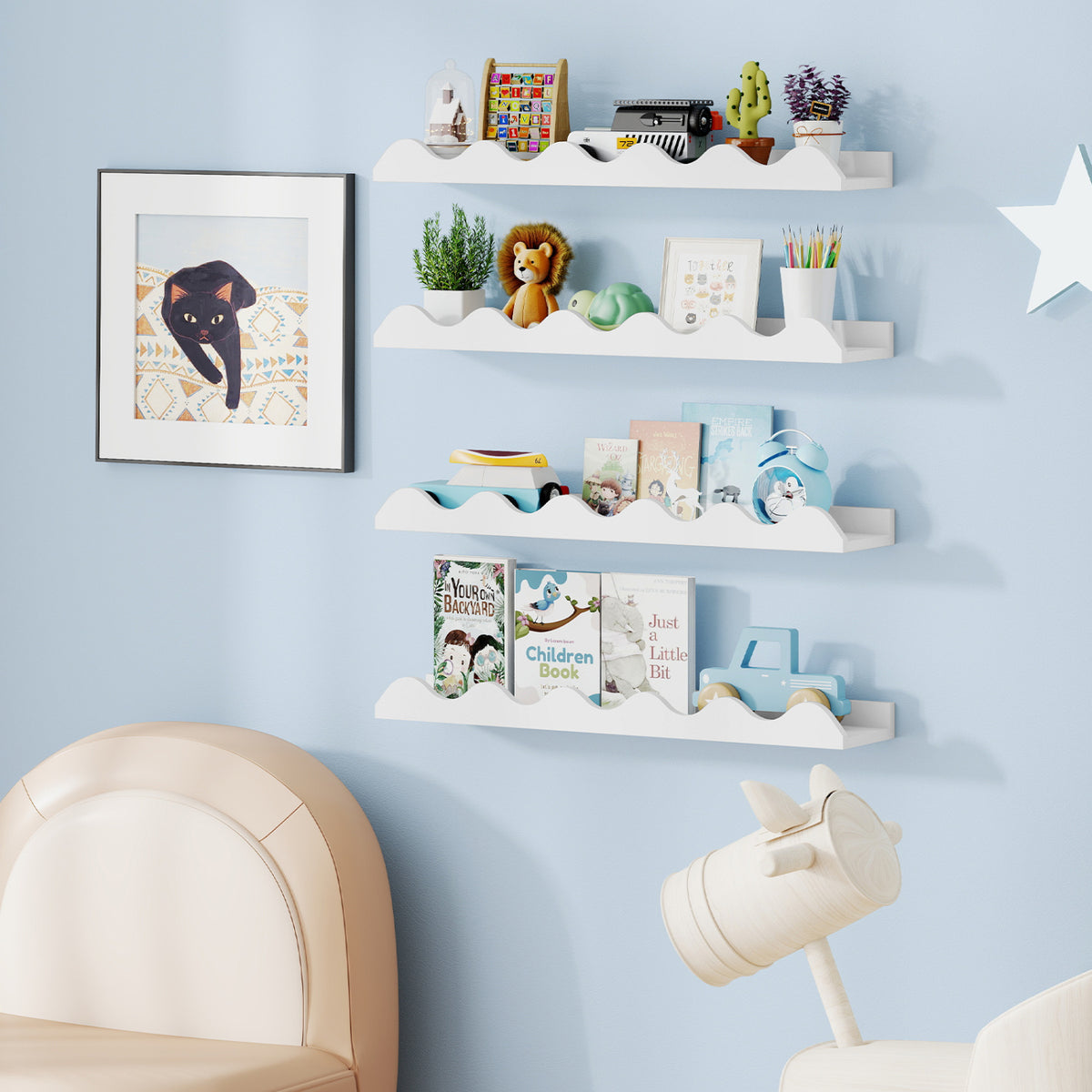 Kids Bookshelf Set of 4 Wall-Mounted Picture Ledge Shelf