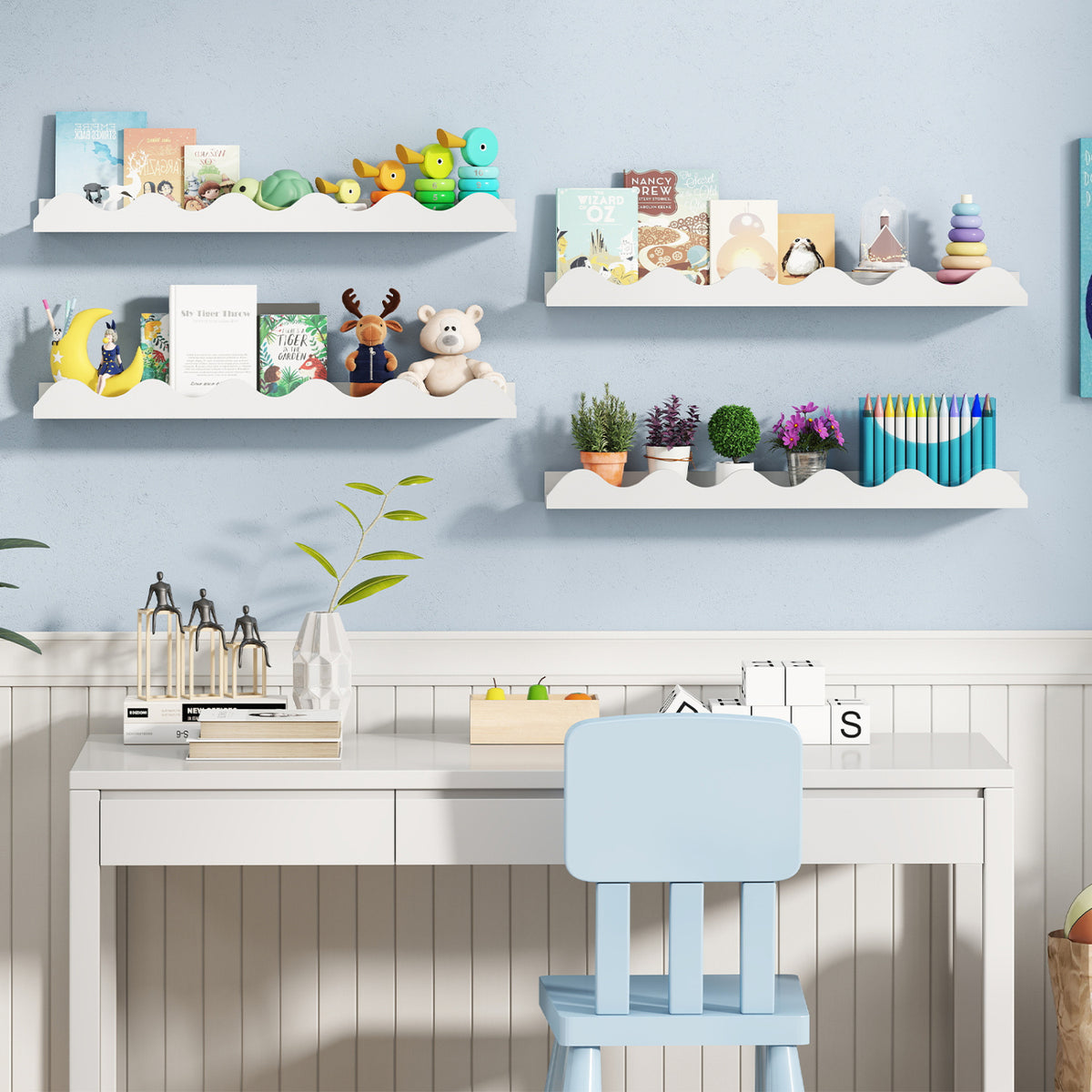 Kids Bookshelf Set of 4 Wall-Mounted Picture Ledge Shelf