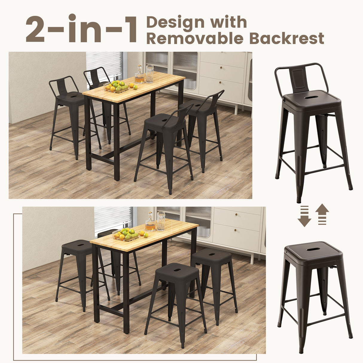 24 Inch Set of 4 Cafe Side Chairs with Rubber Feet and Removable Backs-Gun