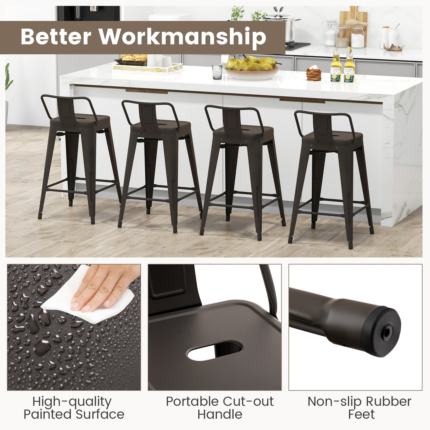 24 Inch Set of 4 Cafe Side Chairs with Rubber Feet and Removable Backs-Gun