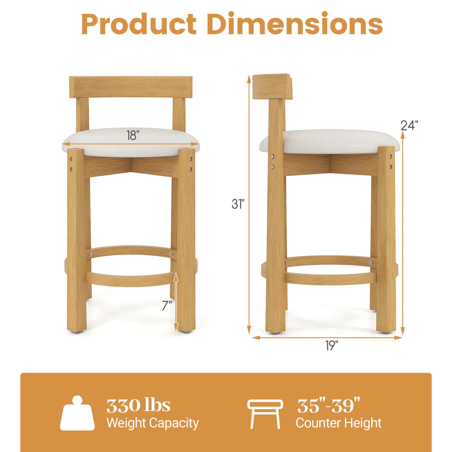 24 Inch Teddy Velvet Upholstered Counter Height Bar Stools with Backrests and Footrests