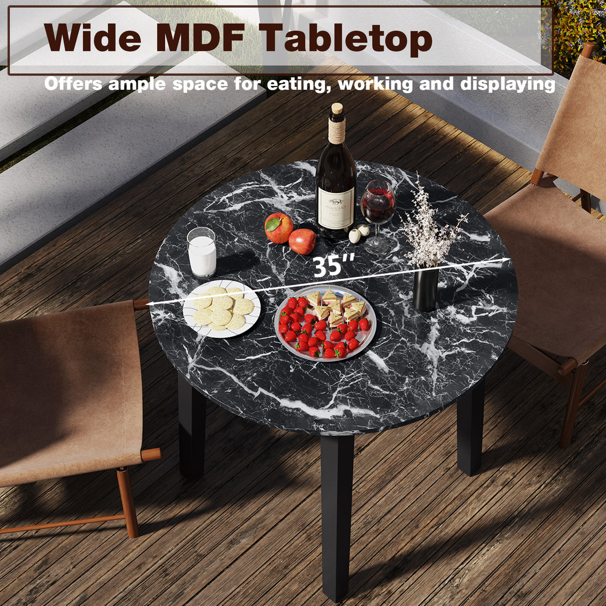 35 Inch Round Dining Table with Rubber Wood Legs and Marble-textured Veneer Tabletop