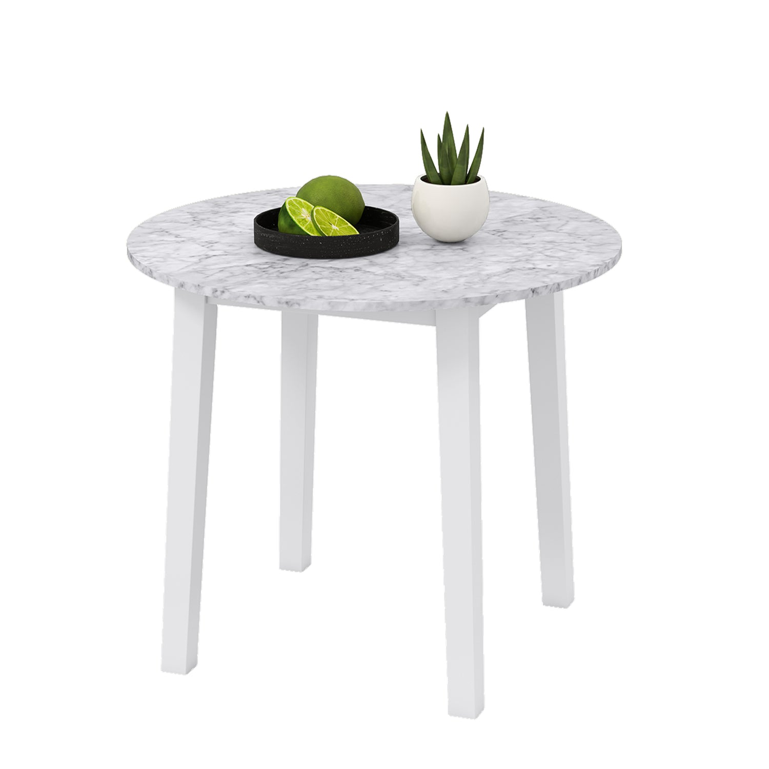 35 Inch Round Dining Table with Rubber Wood Legs and Marble-textured Veneer Tabletop