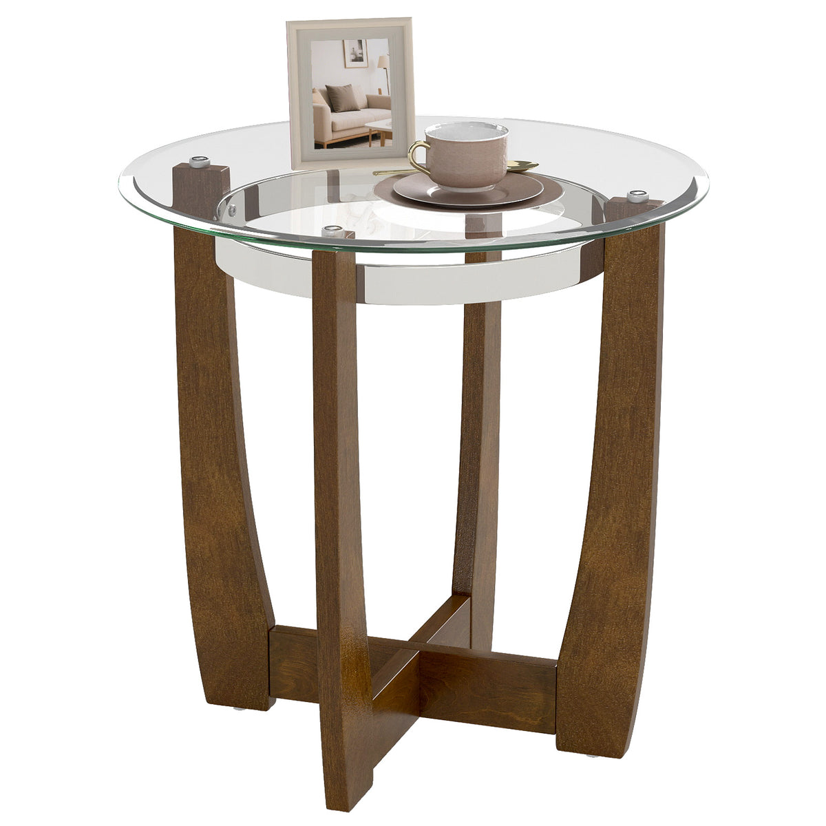 Round Side Table with Tempered Glass Top and Solid Rubber Wood Base