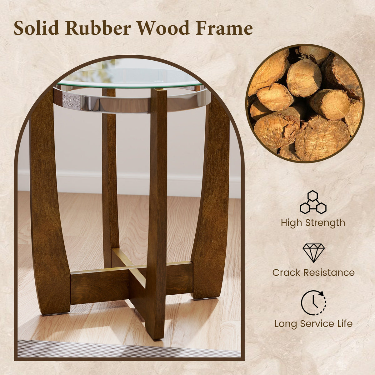 Round Side Table with Tempered Glass Top and Solid Rubber Wood Base