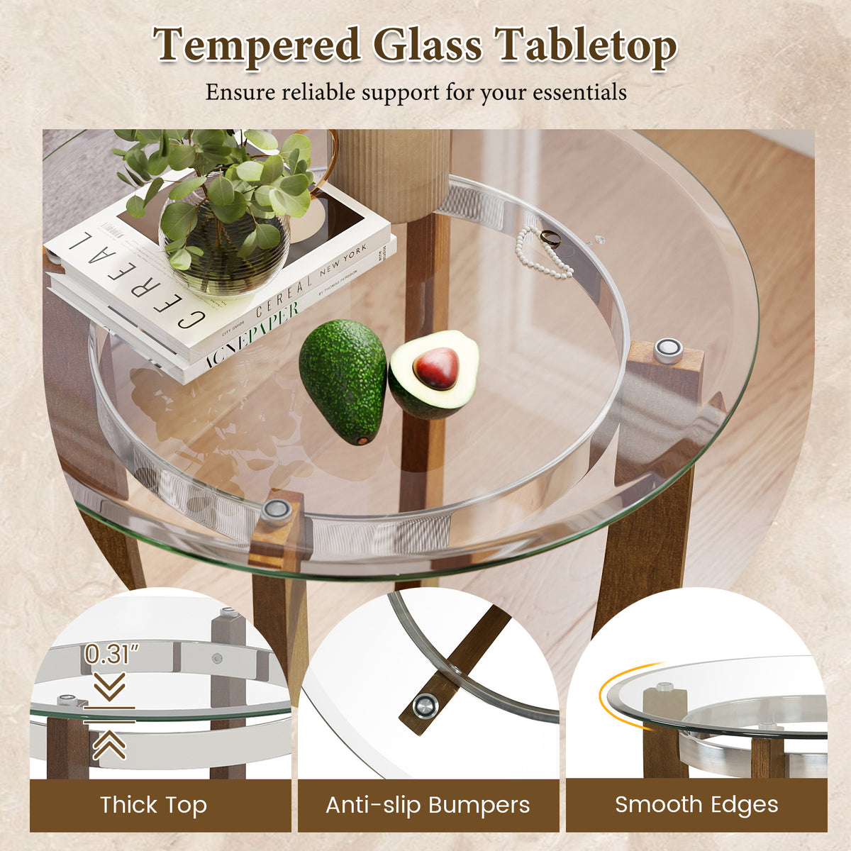 Round Side Table with Tempered Glass Top and Solid Rubber Wood Base