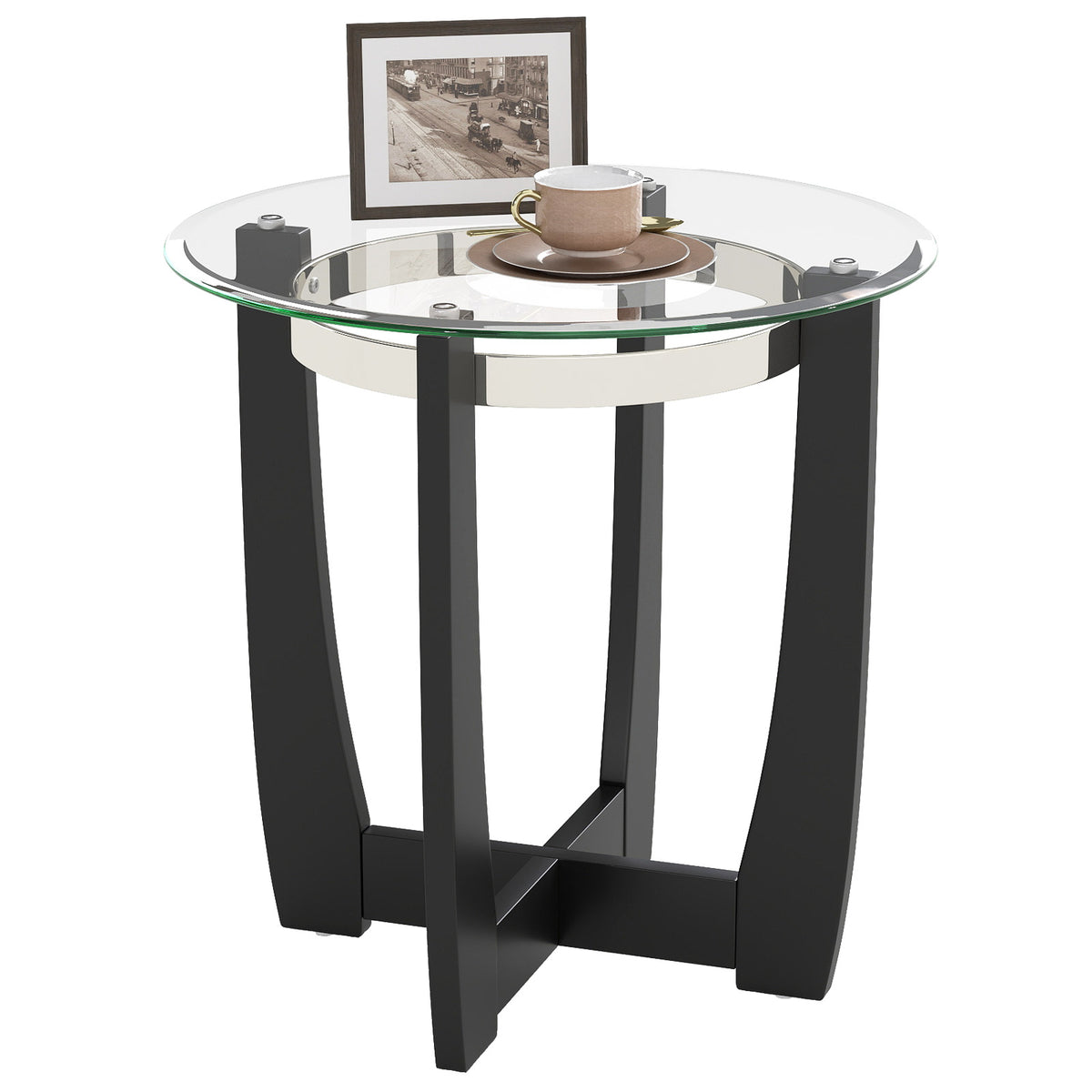 Round Side Table with Tempered Glass Top and Solid Rubber Wood Base
