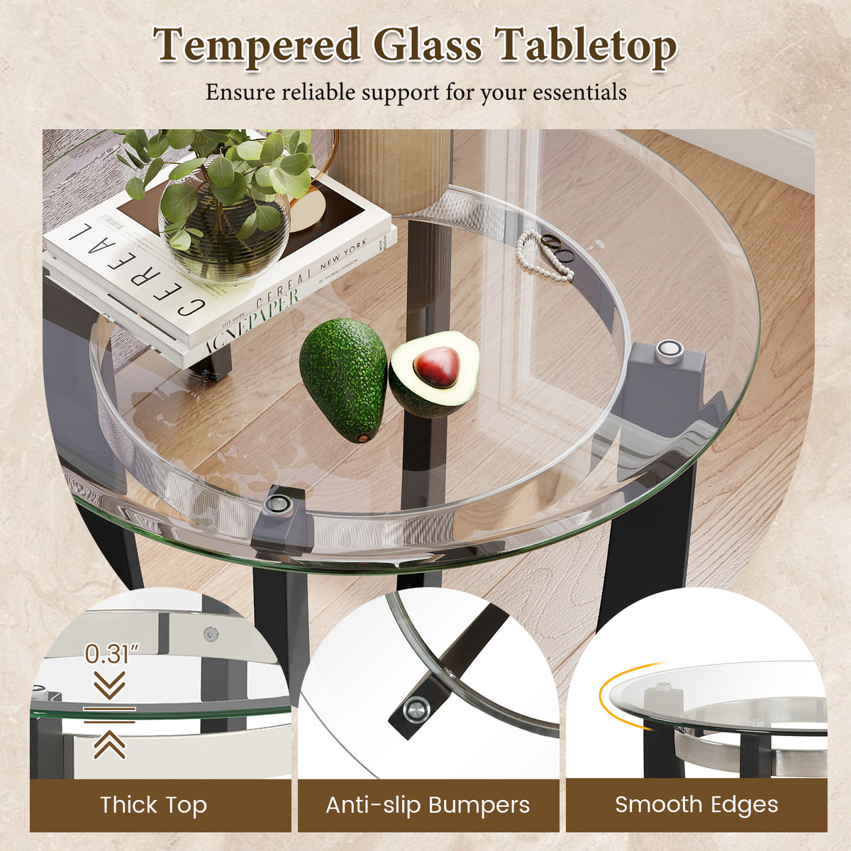 Round Side Table with Tempered Glass Top and Solid Rubber Wood Base