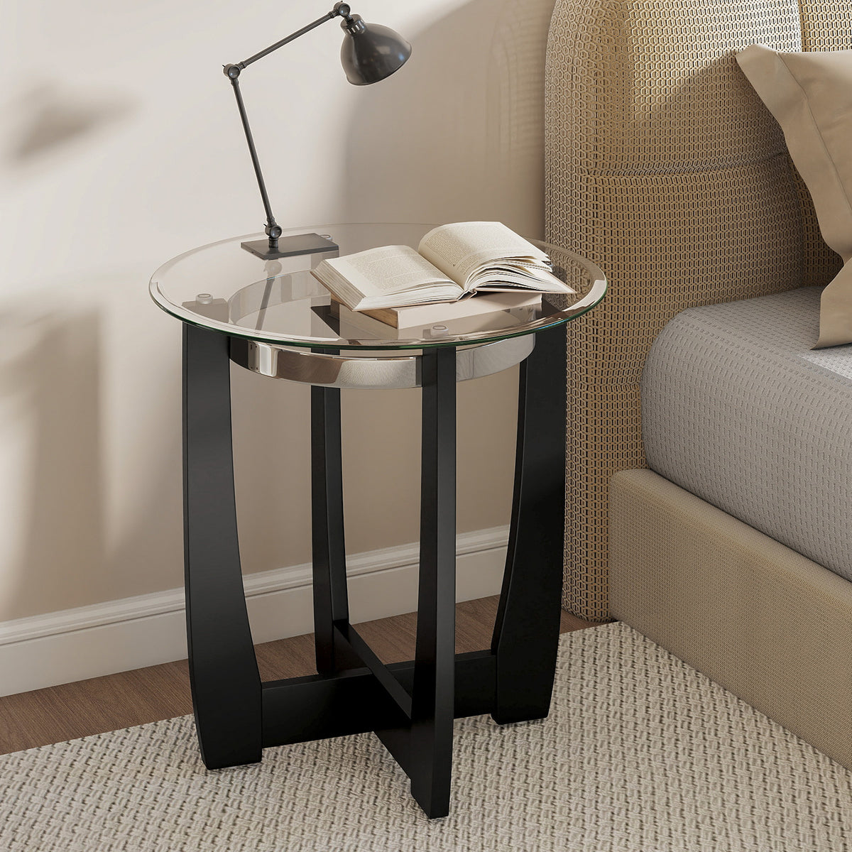 Round Side Table with Tempered Glass Top and Solid Rubber Wood Base
