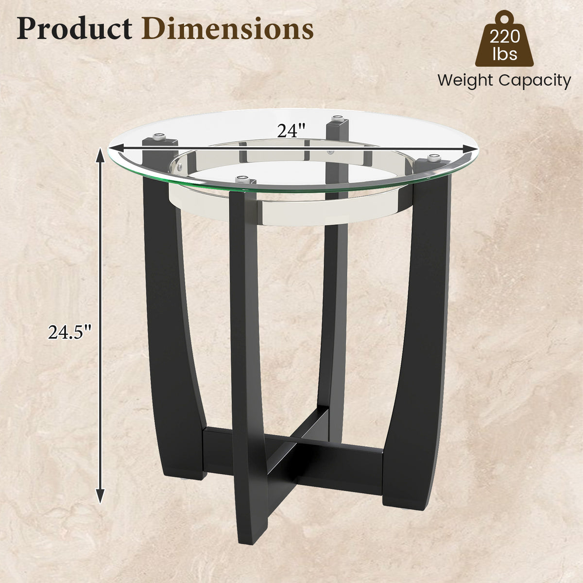 Round Side Table with Tempered Glass Top and Solid Rubber Wood Base