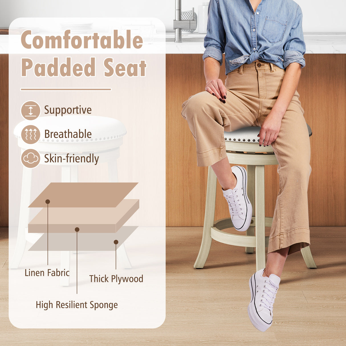 24/26 Inches Swivel Bar Stools Set of 2 wth Wooden Frame