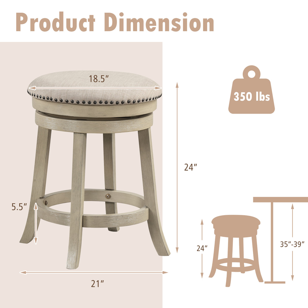 24/26 Inches Swivel Bar Stools Set of 2 wth Wooden Frame