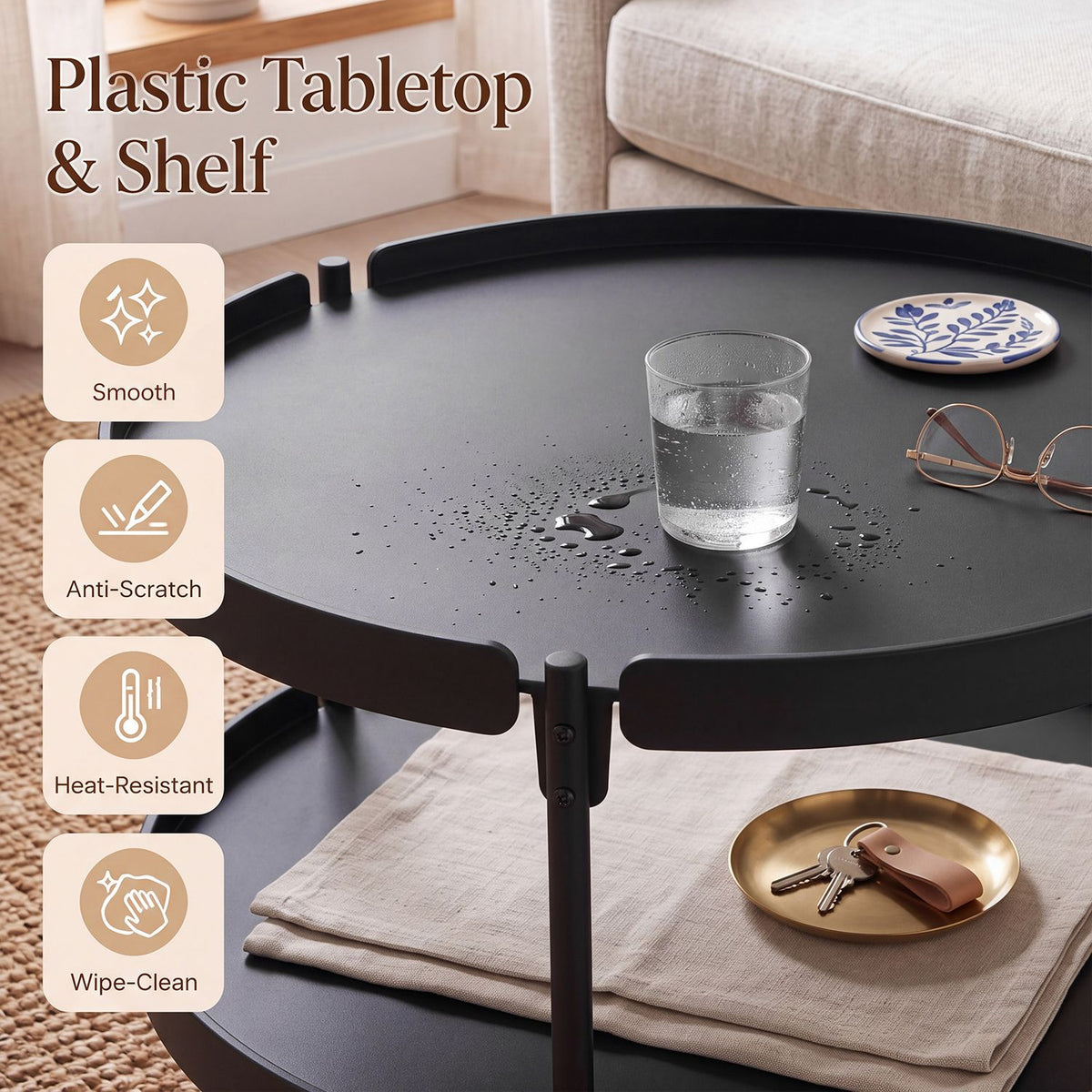 24" Round Coffee Table Plastic Side Table with Metal Legs