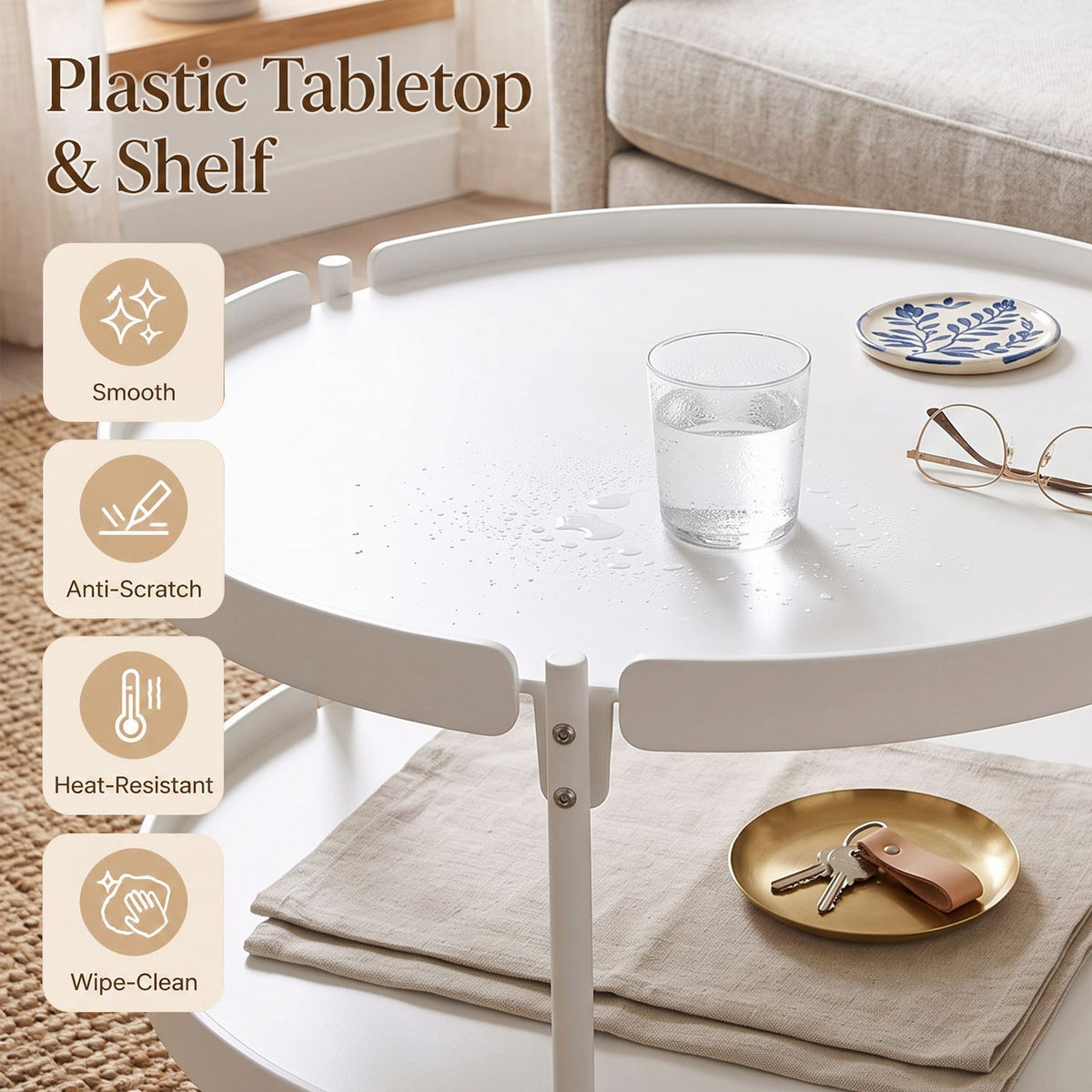 24" Round Coffee Table Plastic Side Table with Metal Legs