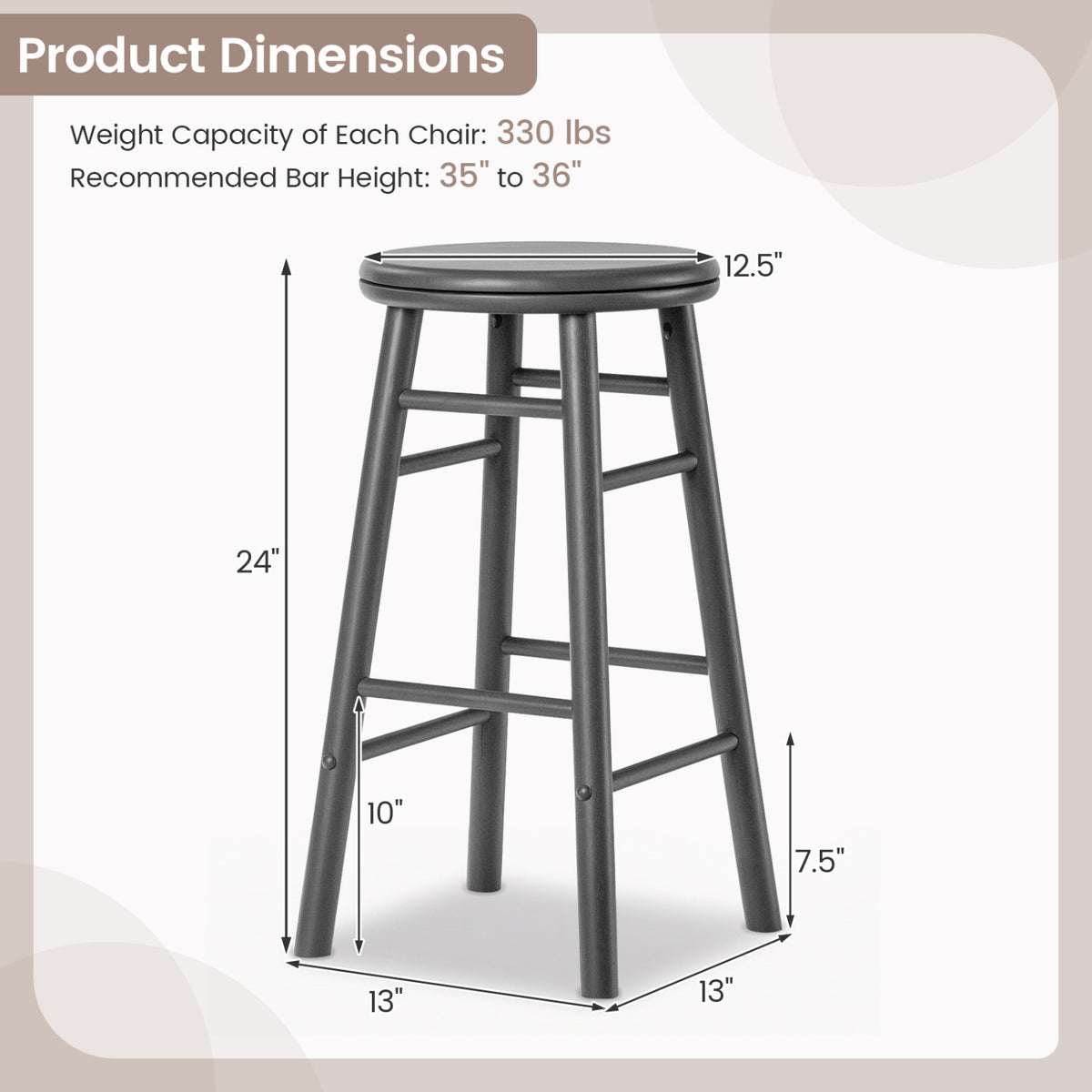 24" Swivel Bar Stools Set of 2 with Footrests & Crossbars