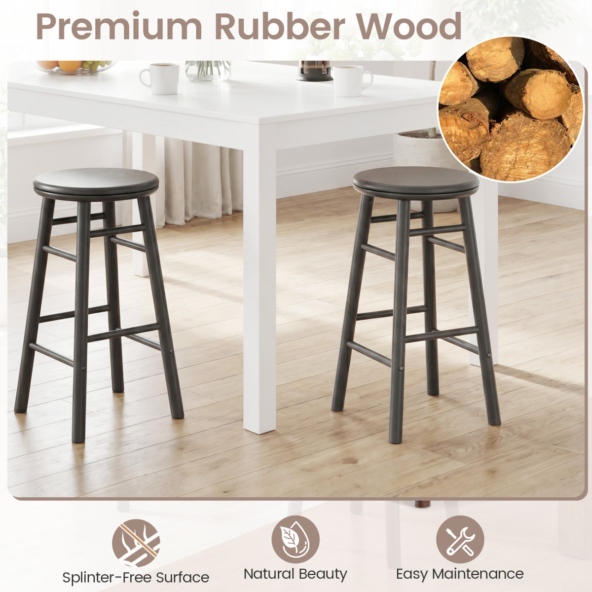 24" Swivel Bar Stools Set of 2 with Footrests & Crossbars