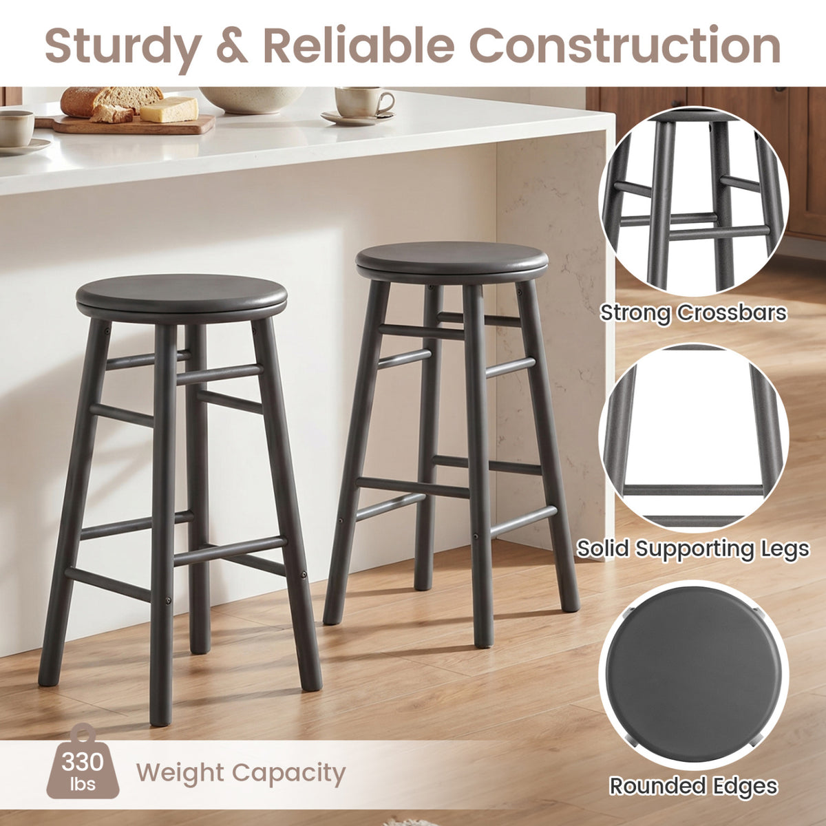 24" Swivel Bar Stools Set of 2 with Footrests & Crossbars