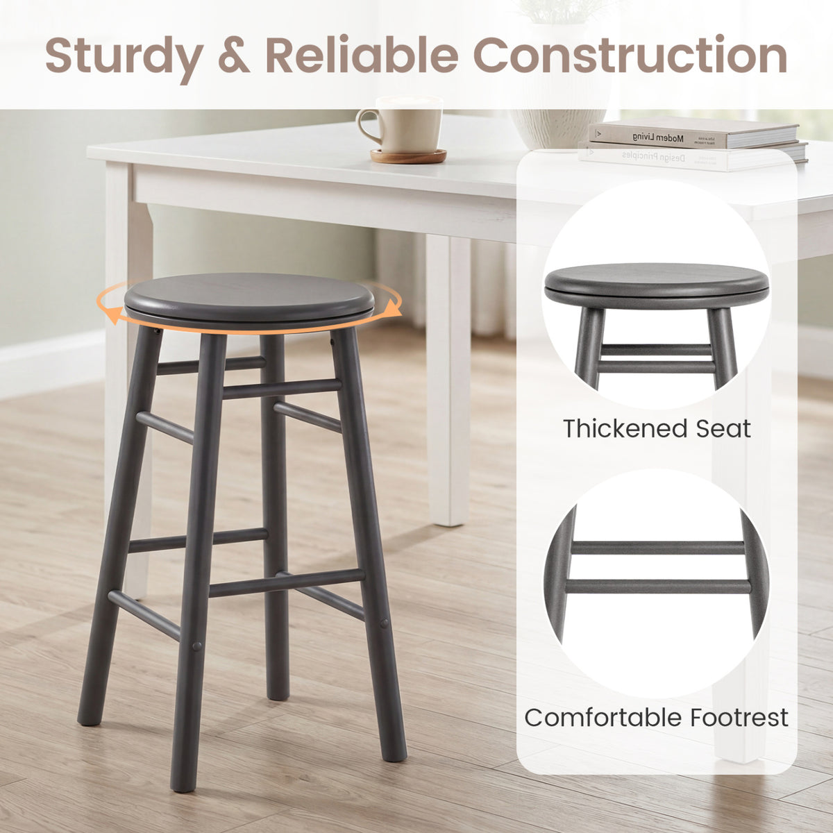 24" Swivel Bar Stools Set of 2 with Footrests & Crossbars