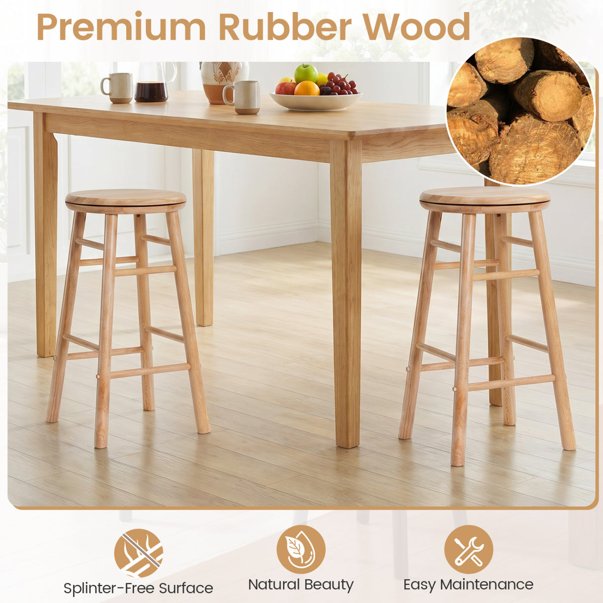 24" Swivel Bar Stools Set of 2 with Footrests & Crossbars