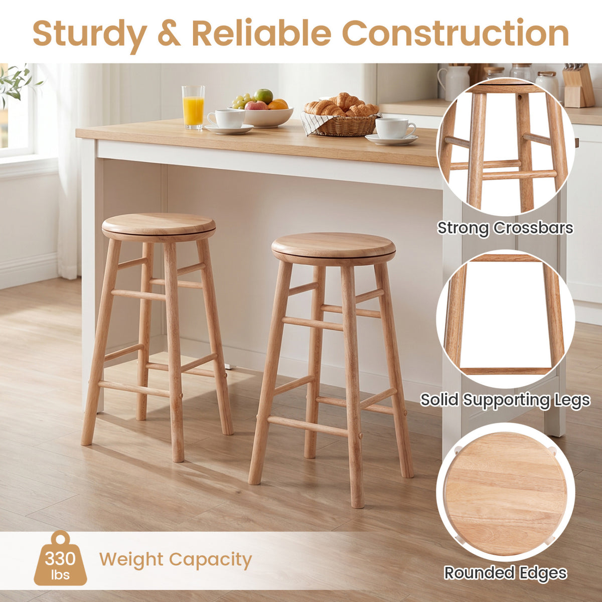 24" Swivel Bar Stools Set of 2 with Footrests & Crossbars
