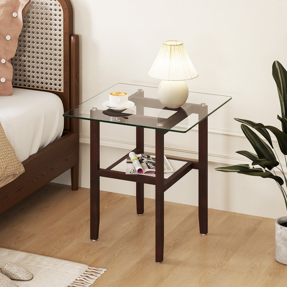 24 Inch 2-Tier Square Glass Coffee Table Center Table with Storage Shelf-Brown
