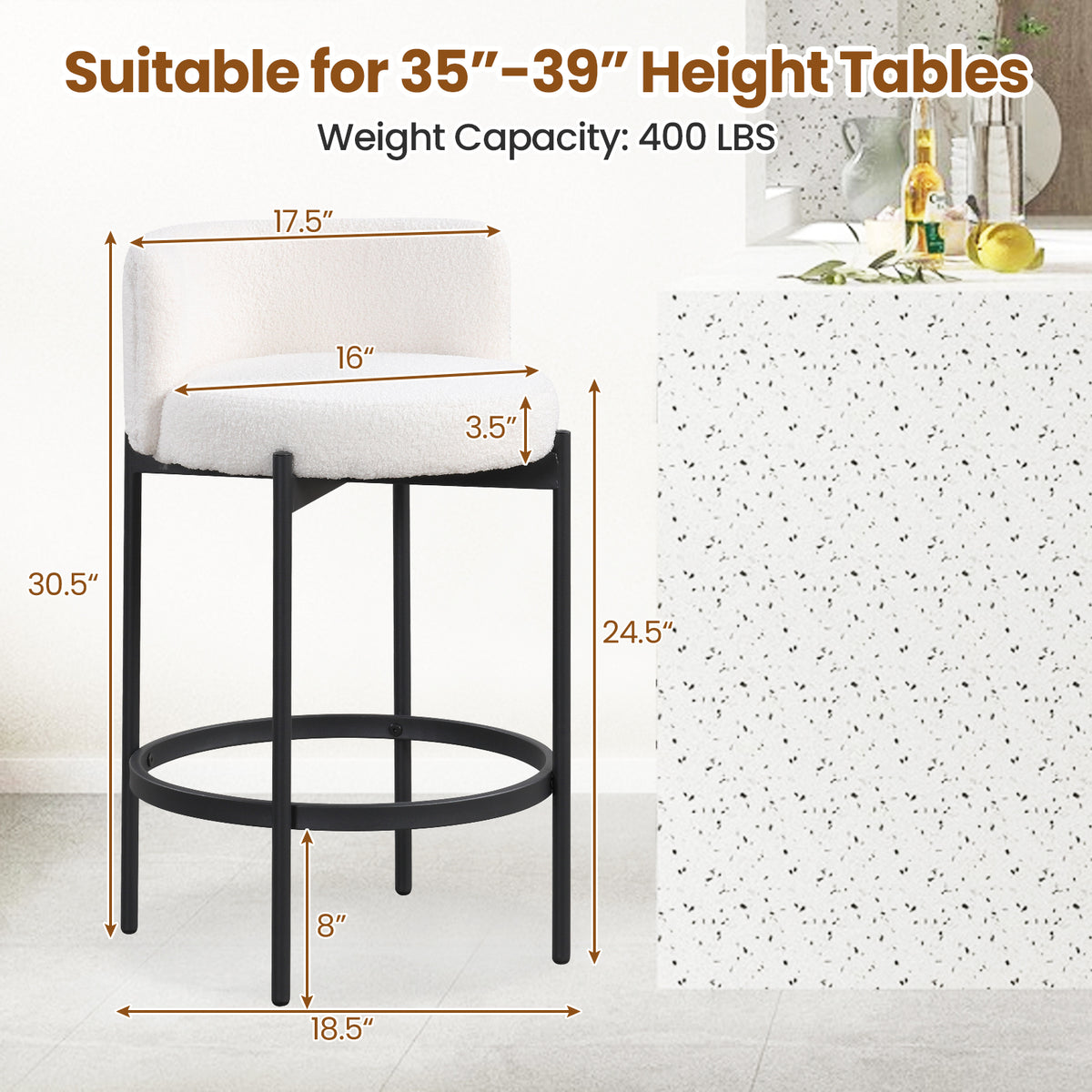 Boucle Counter Stools Set of 2/4 with Curved Backrest