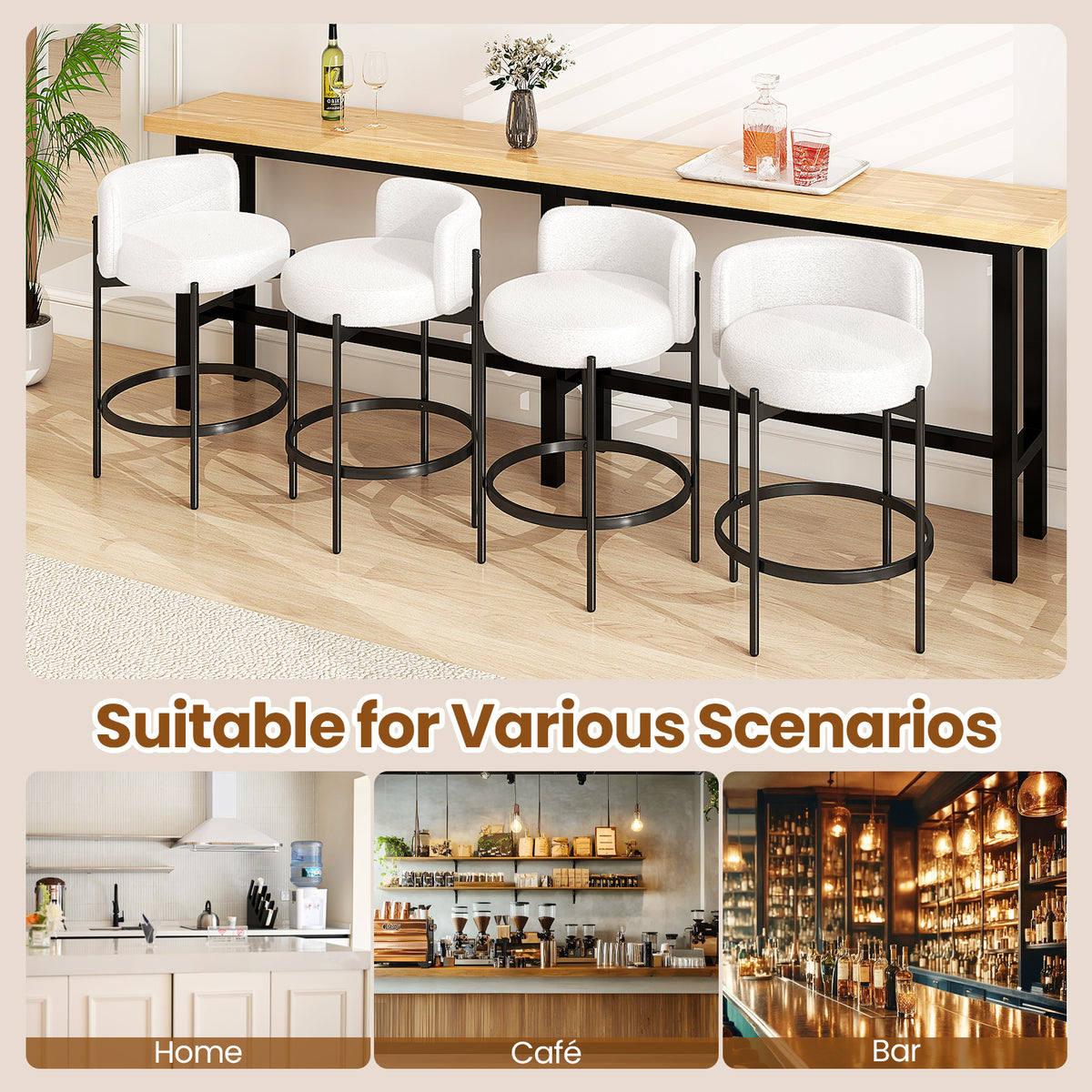 Boucle Counter Stools Set of 2/4 with Curved Backrest