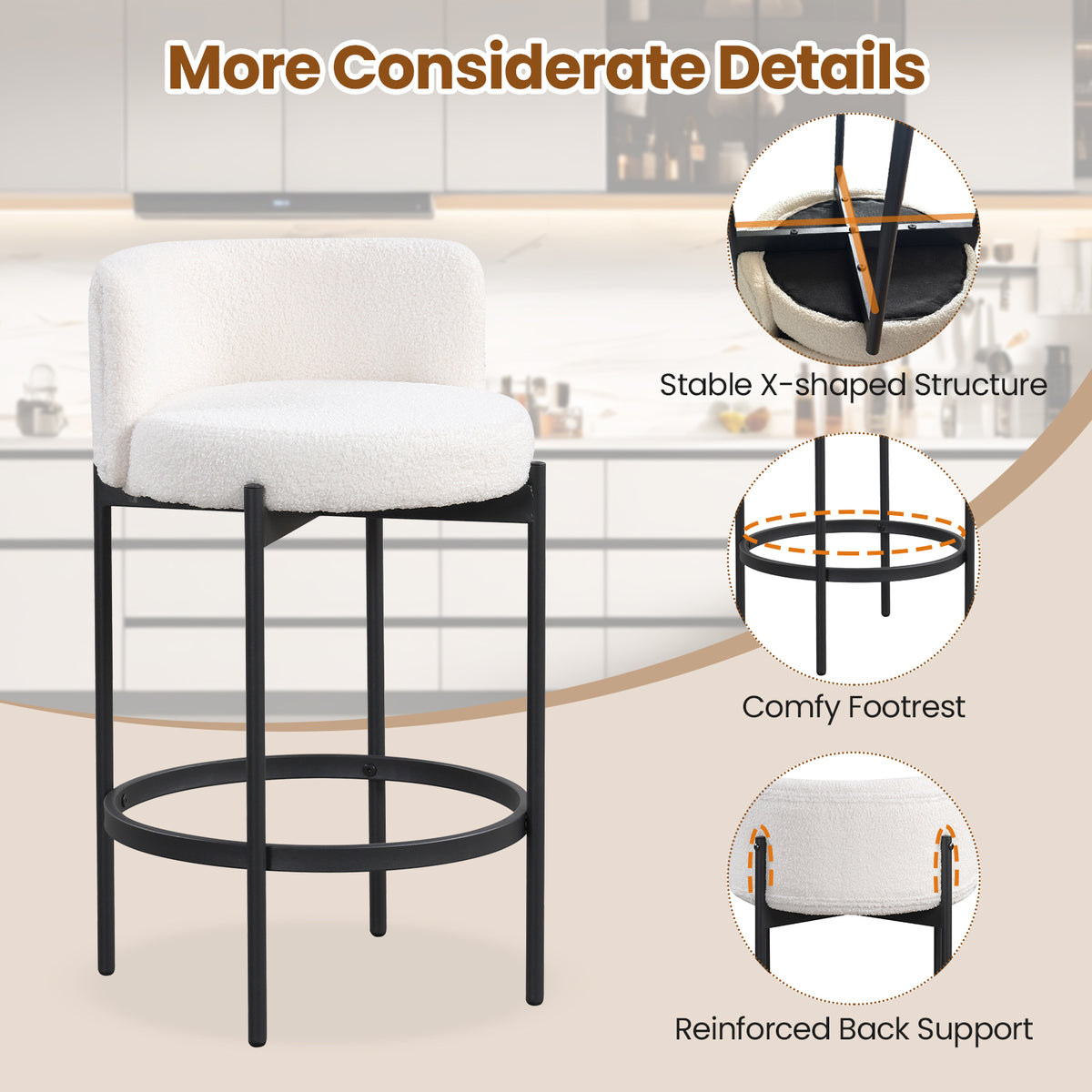Boucle Counter Stools Set of 2/4 with Curved Backrest