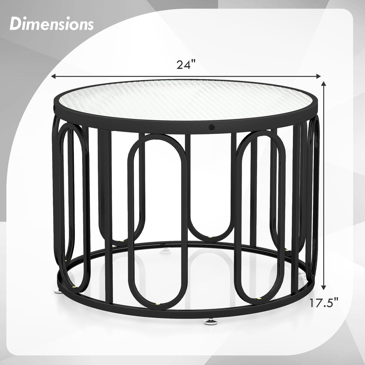 24 Inch Round Coffee Table with Reeded Tempered Glass Top and Oval Swivel Brackets-Black