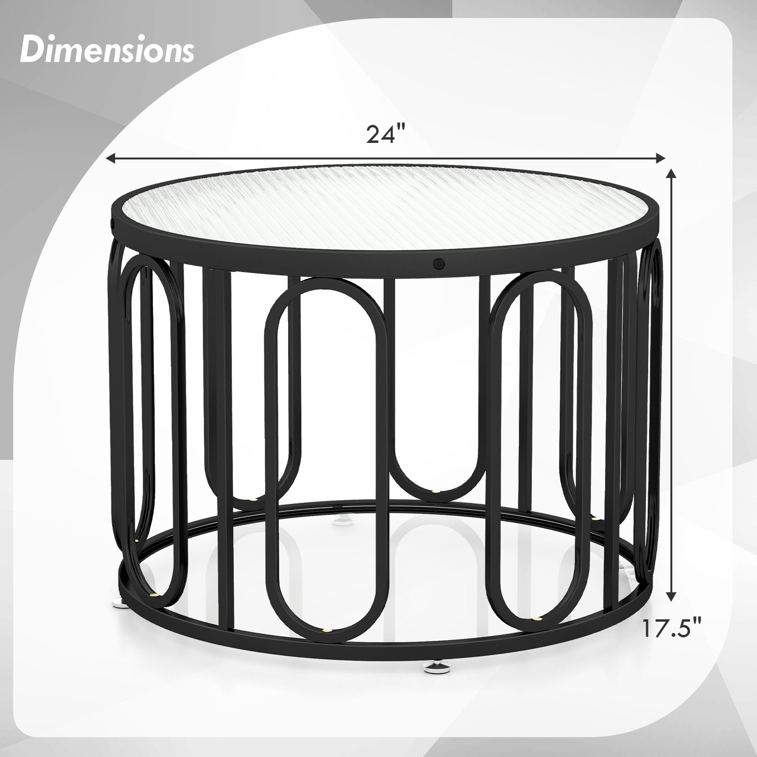 24 Inch Round Coffee Table with Reeded Tempered Glass Top and Oval Swivel Brackets-Black