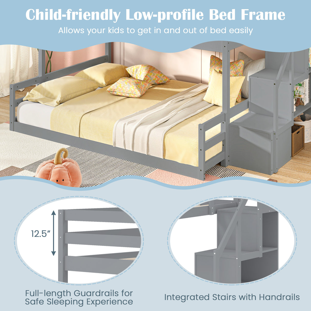 Solid Wood Twin Over Full Low Bunk Bed with Storage Stairs