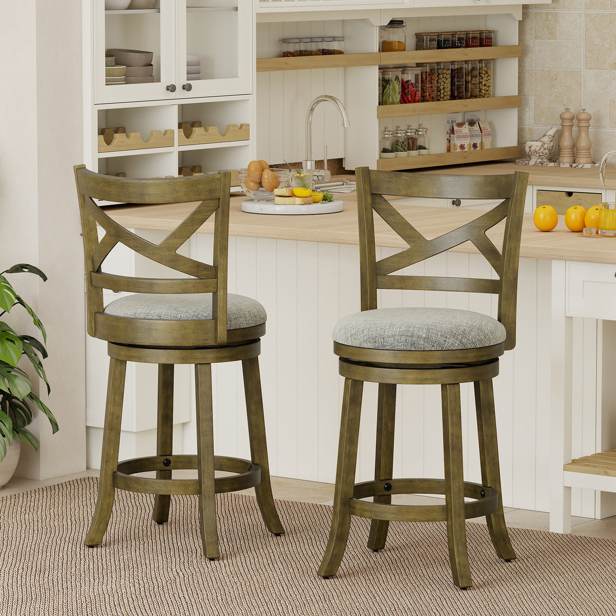 Swivel Bar Stools Set of 2 with Backrests and Wood Frame-25/Frame-30 inches