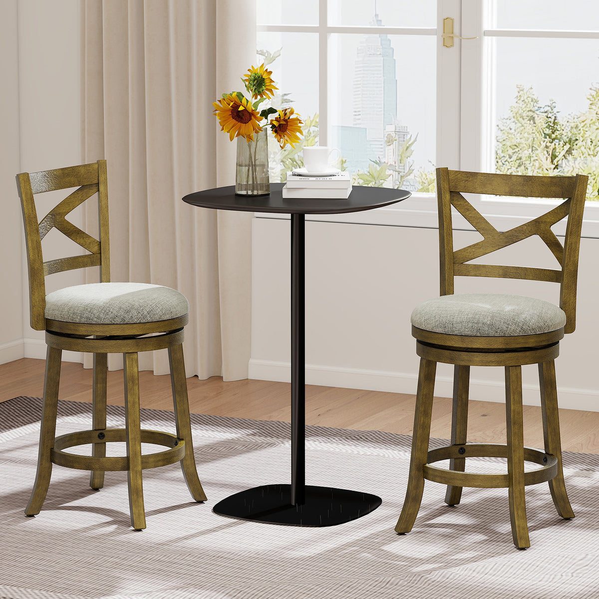 Swivel Bar Stools Set of 2 with Backrests and Wood Frame-25/Frame-30 inches
