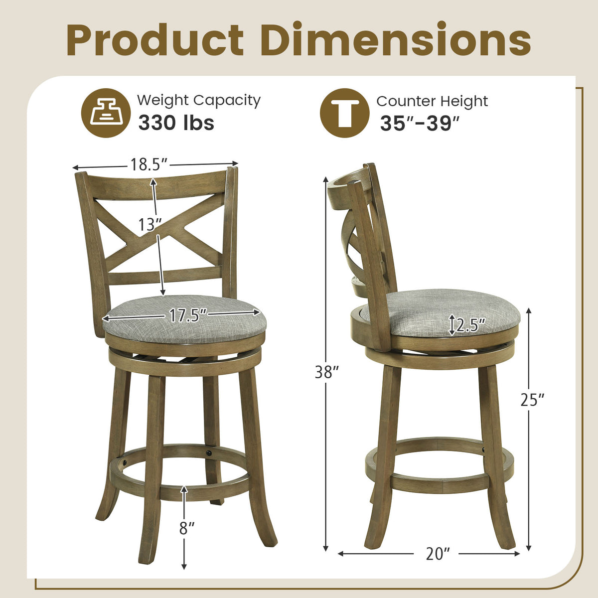 Swivel Bar Stools Set of 2 with Backrests and Wood Frame-25/Frame-30 inches