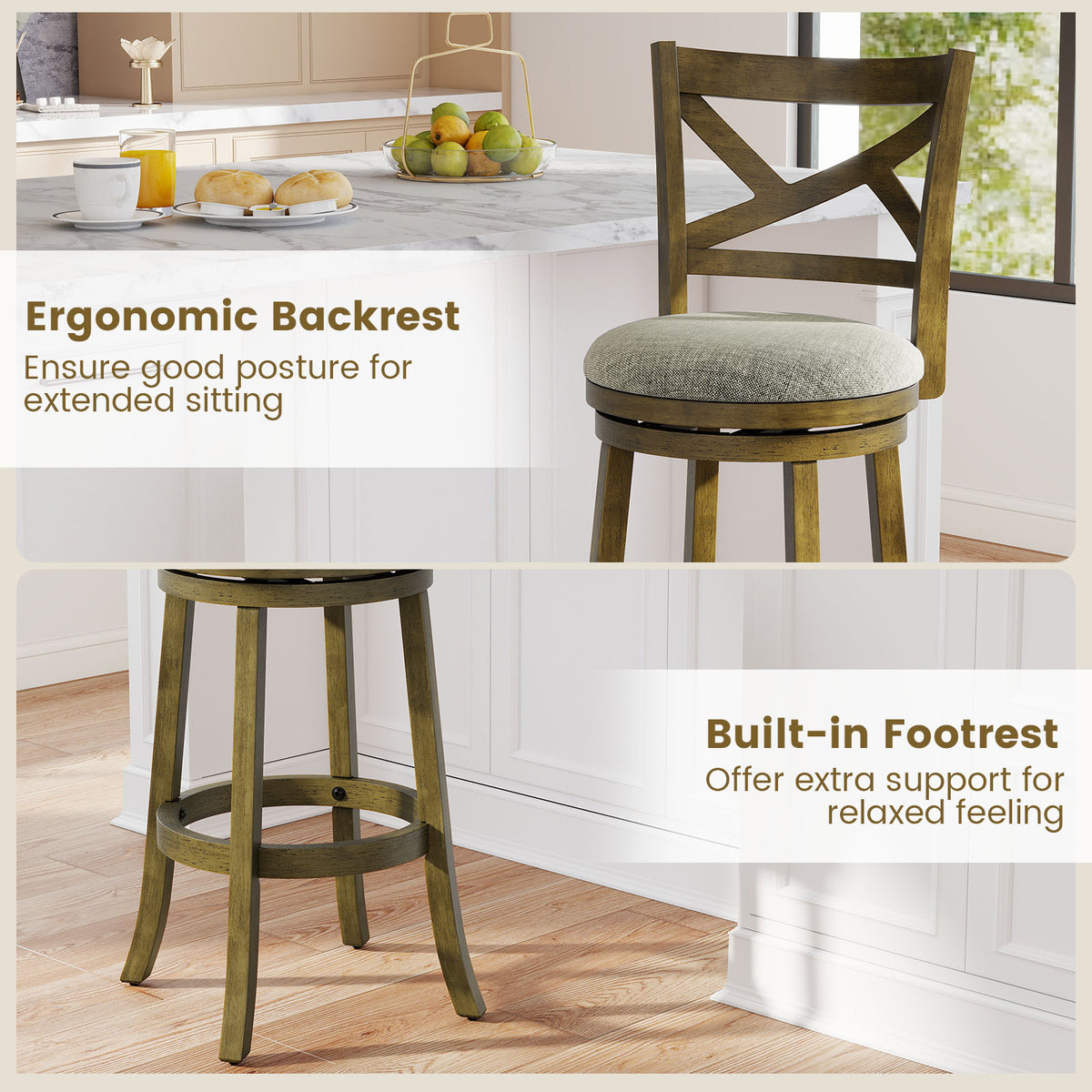 Swivel Bar Stools Set of 2 with Backrests and Wood Frame-25/Frame-30 inches