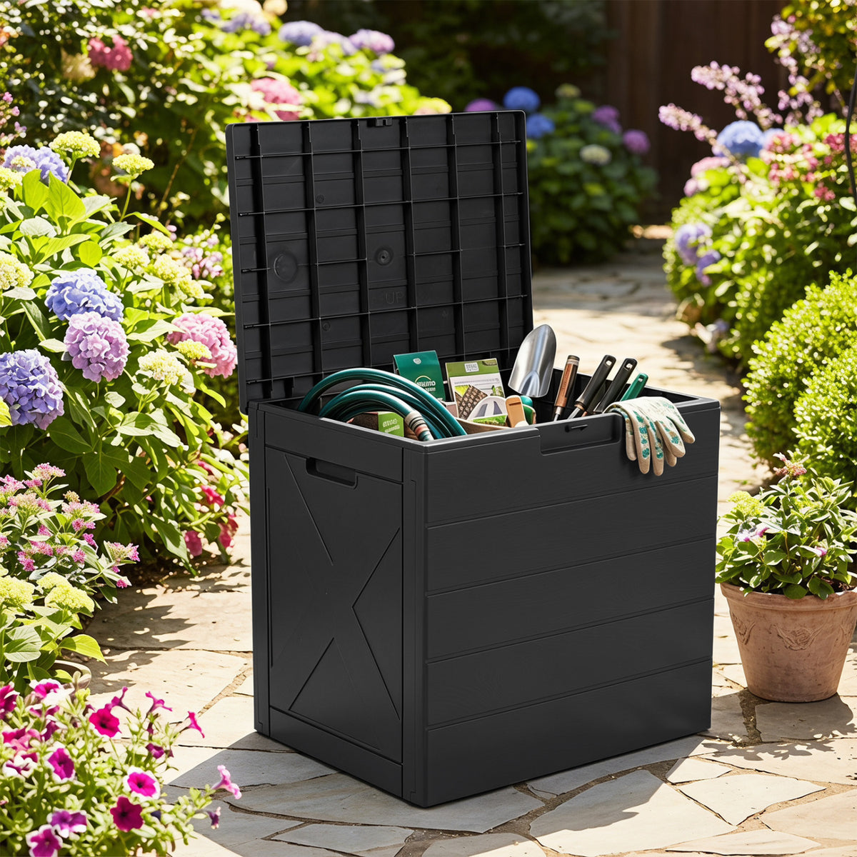 Storage Bin with Lid Carry Handles and Lock Hole for Patio Furniture Accessories