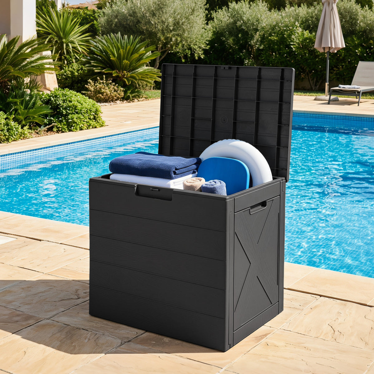 Storage Bin with Lid Carry Handles and Lock Hole for Patio Furniture Accessories