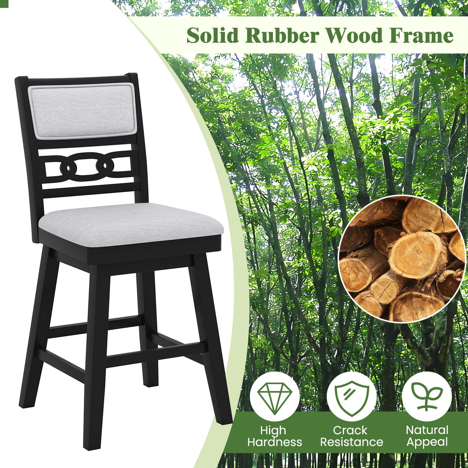 25 Inch Bar Stools Set of 2 with Upholstered Backrest and 360° Rotation Seat-Black