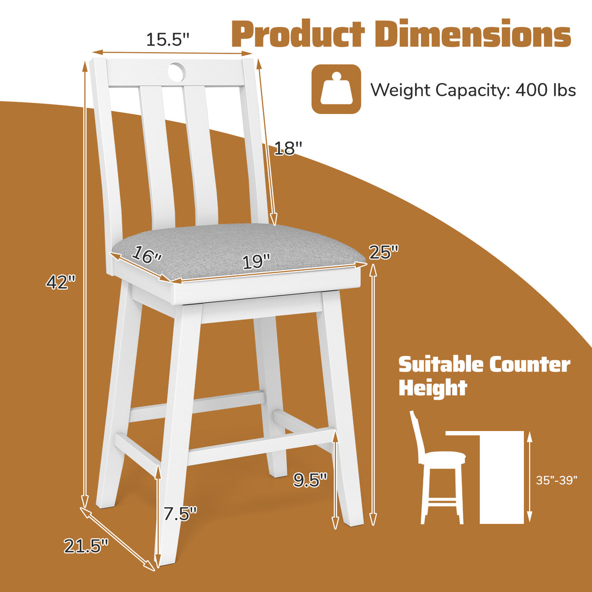 25 Inch Modern Bar Stools Set of 2 with Upholstered and 360° Rotation Seat-White