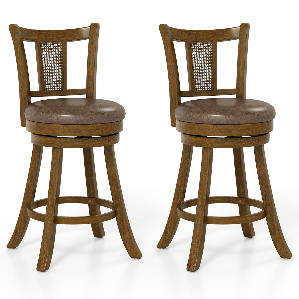 25/30 Inch Set of 2 Bar Stools with PE Rattan Backrest and Rubber Wood Frame
