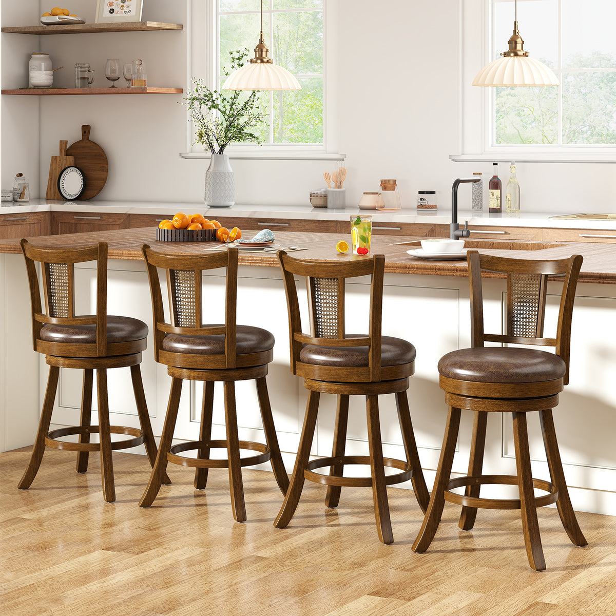 25/30 Inch Set of 2 Bar Stools with PE Rattan Backrest and Rubber Wood Frame