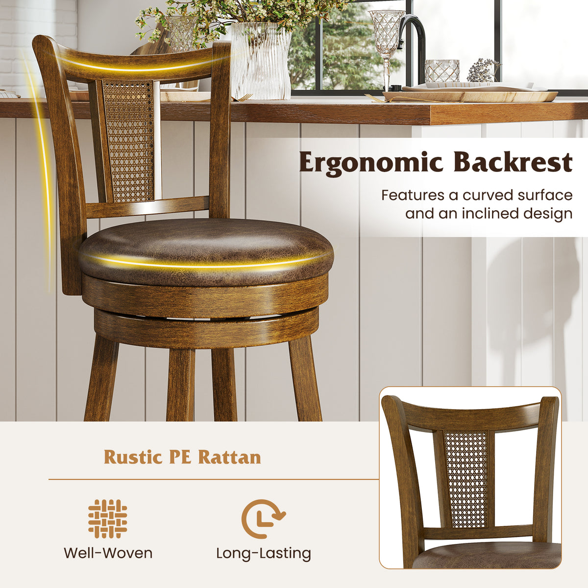25/30 Inch Set of 2 Bar Stools with PE Rattan Backrest and Rubber Wood Frame