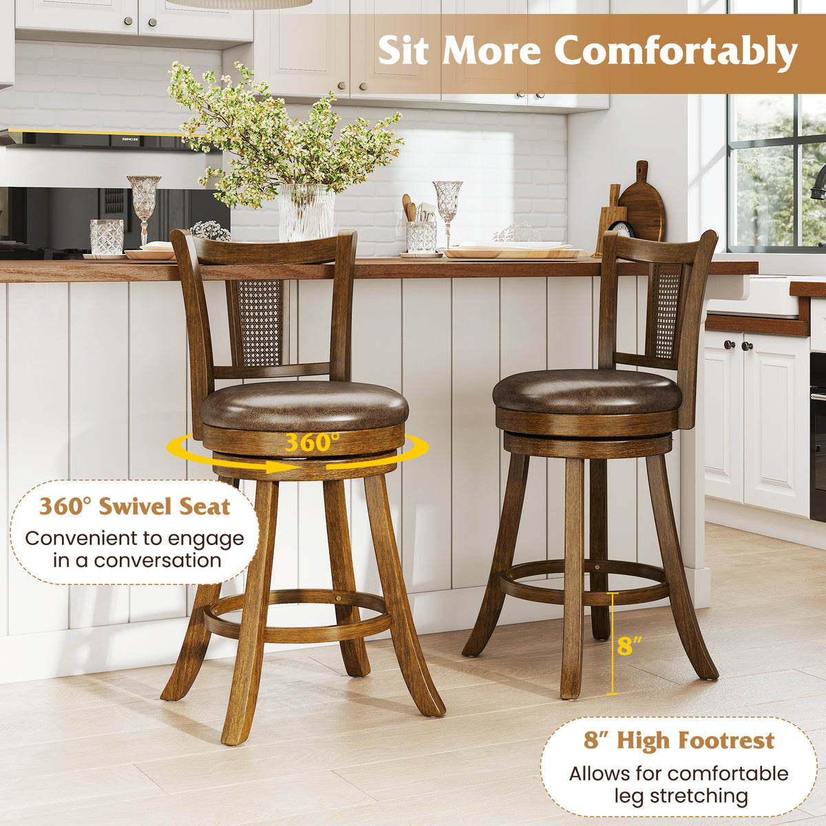 25/30 Inch Set of 2 Bar Stools with PE Rattan Backrest and Rubber Wood Frame