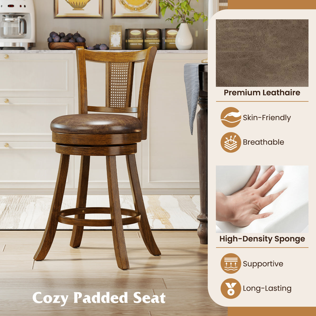 25/30 Inch Set of 2 Bar Stools with PE Rattan Backrest and Rubber Wood Frame